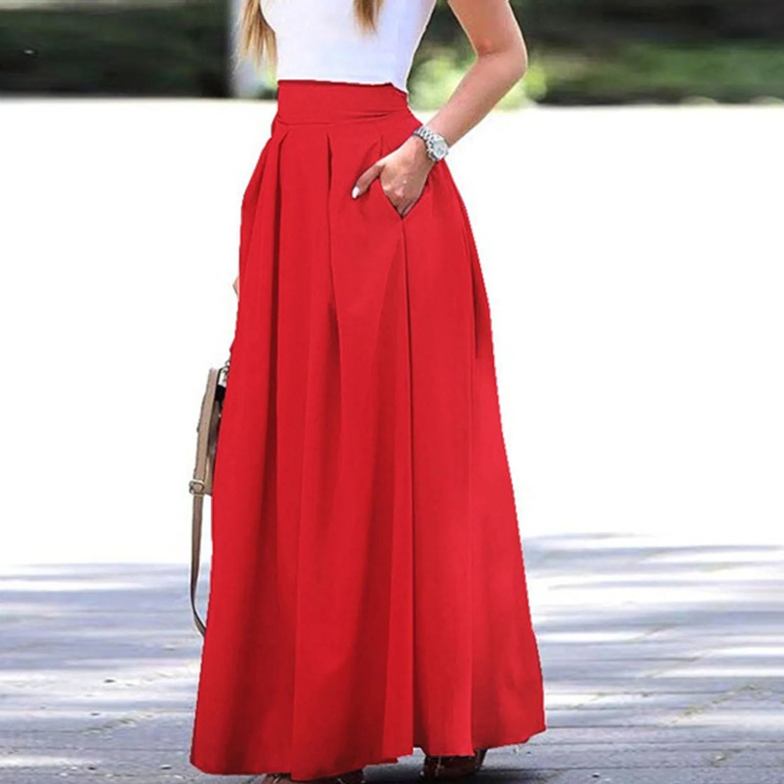 Vintage Low Rise Straight Skirts Women's Large Swing Solid Color High Waist Pleated Half Skirt With Pocket Summer Vacation Wear