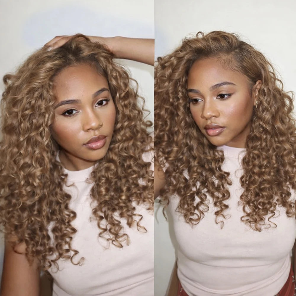 Deep Wave Crochet Hair Extensions Honey Blonde Color Knotless Pre-Separated Human Hair Deep Curly Feather Crochet Braid Hair