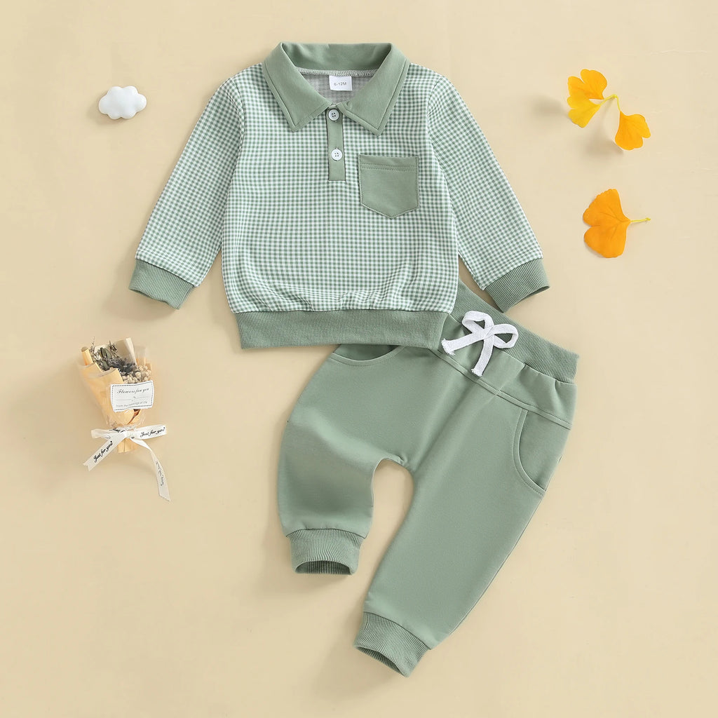 2025-06-03 Lioraitiin Toddler Baby Boys Fall Set Plaid Long Sleeve Lapel Tops and Solid Color Bow Pants with Pocket 2Pcs Outfits