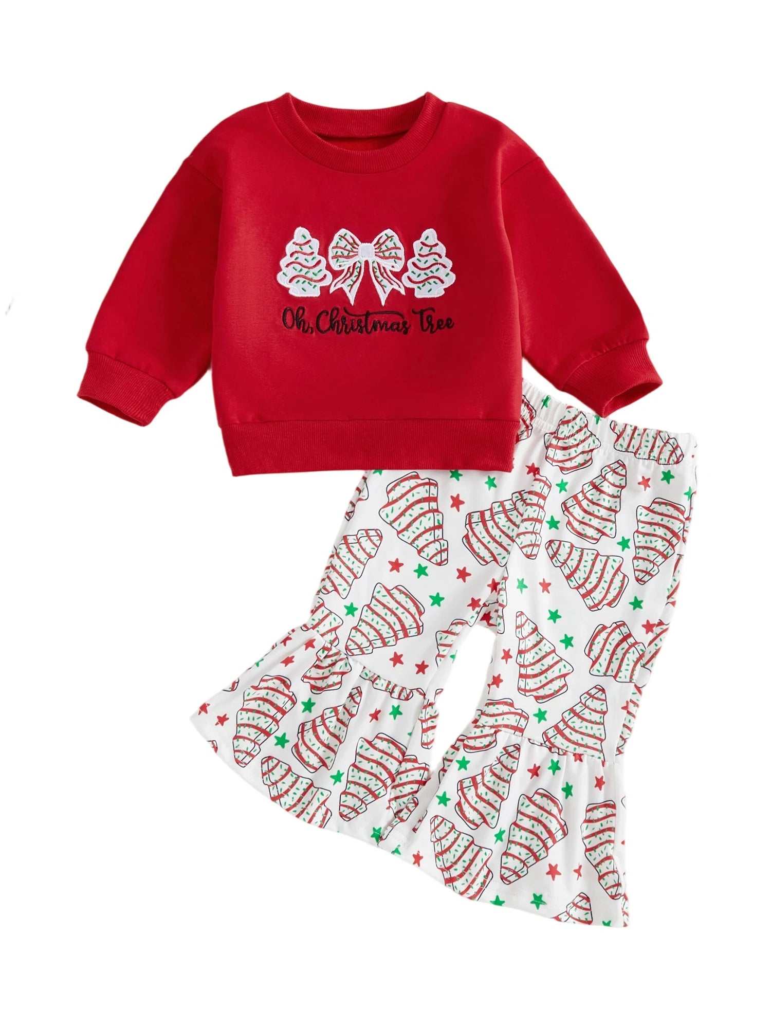 Lioraitiin Toddler Little Girl Christmas Outfit Bow Tree Applique Crewneck Sweatshirt and Flare Pants 2 Piece Winter Fall Set