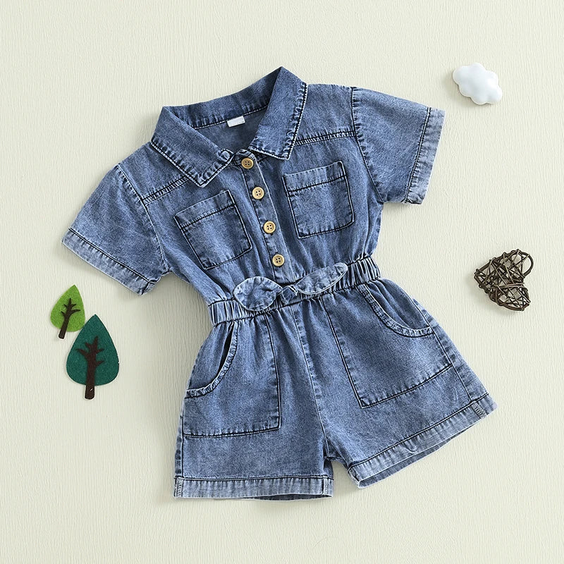 Toddler Girls Denim Overalls Shorts Short Sleeves Turn Down Collar Button Down Elastic Waist Jean Jumpsuit