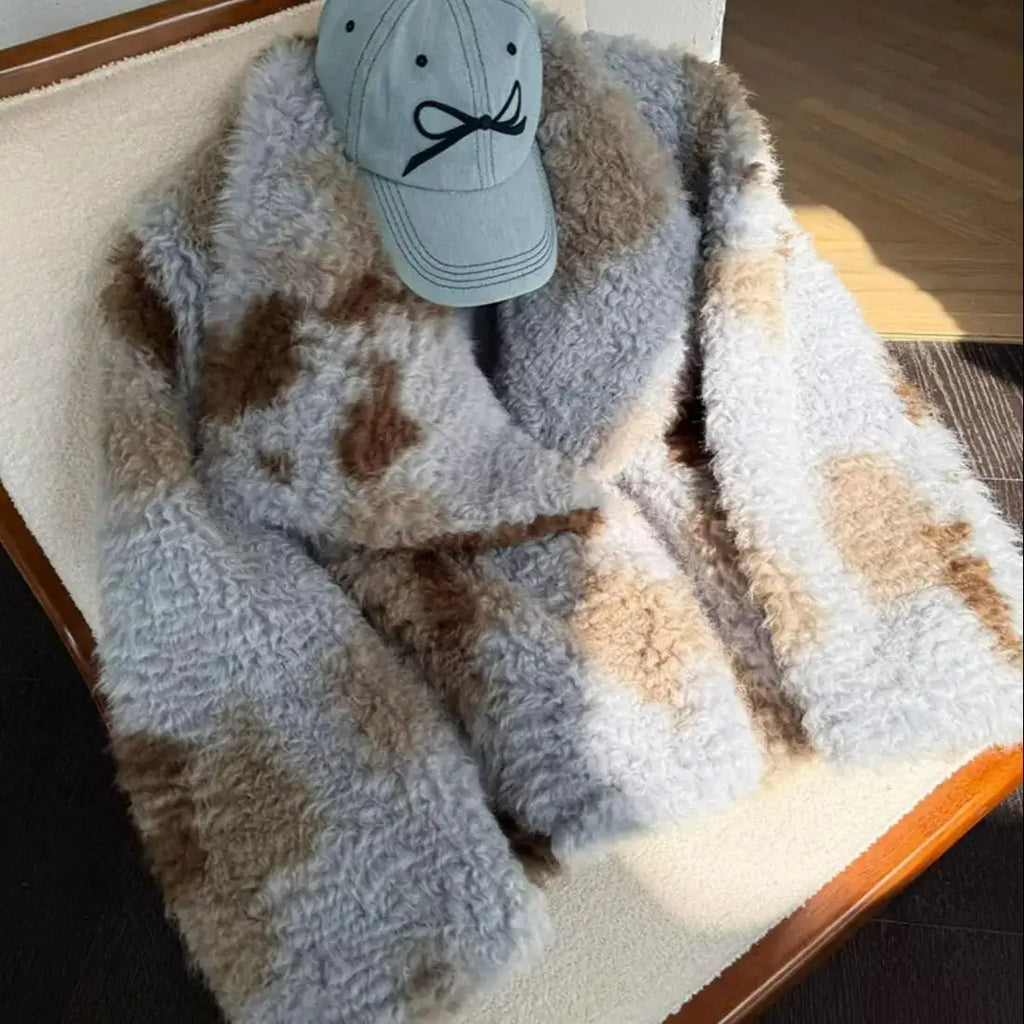 HIGH QUALITY Winter Large Lapel Curly Lamb Fur Coat Long sleeve Warm Shaggy Tie dye Gradient Faux Fur Jacket Loose Outerwear