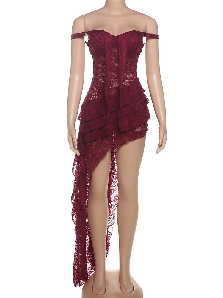 Cutenew Lace Emboridered Women Dresses Sexy Hot Sheer Off Shoulder Irregular Backless Bandage Vestidos Female Coquette Clubwear