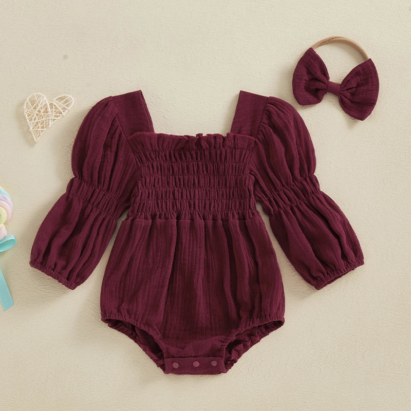 2024-10-29 Lioraitiin Baby Girls Spring Romper Long Sleeve Square Neck Solid Color Romper with Headband