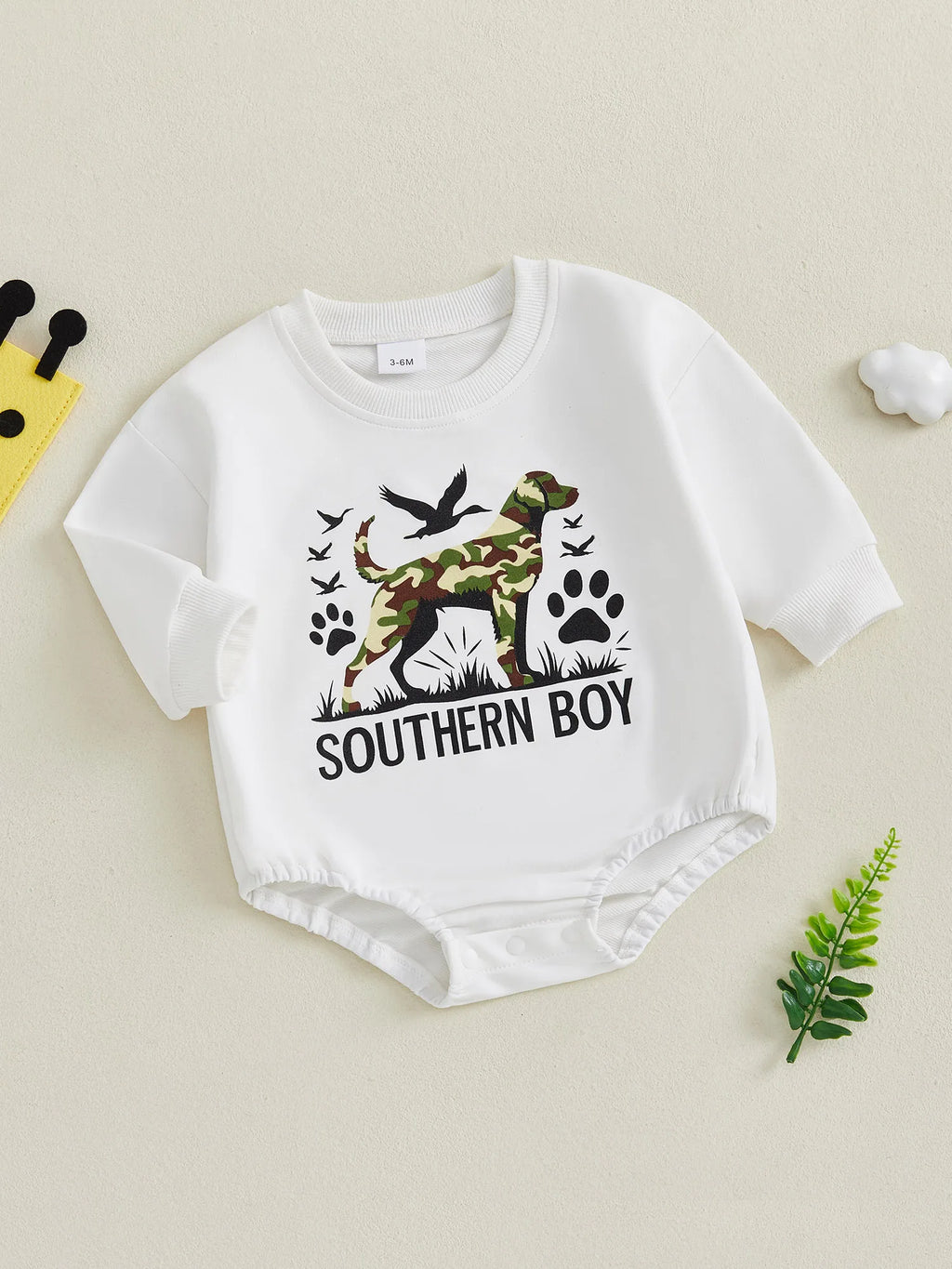 2025-05-05 Lioraitiin Newborn Baby Boy Romper Long Sleeve Round Neck Camo Dog Print Bodysuit Fall Playsuit