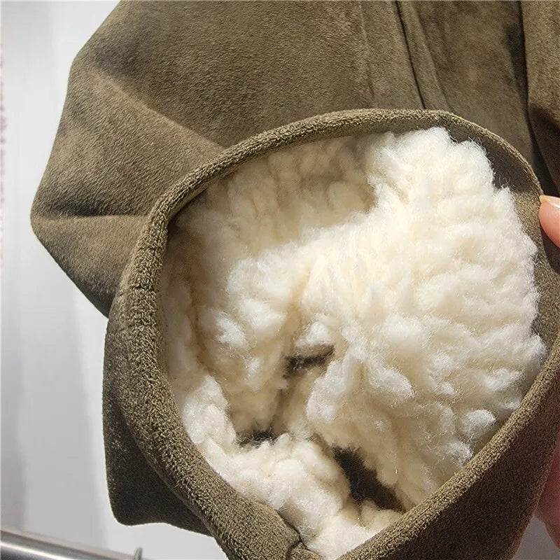 DEAT Women's Suede Coat Detachable Fur Collar Thick Plush Warm Female Short Style Jackets 2026 Winter New Fashion 29A3803