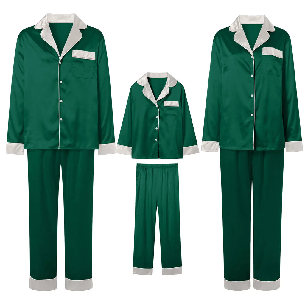 Silk Satin Christmas Family Pajamas Matching Sets Plus Size Lapel Long Sleeve Shirts And Pants Soft Silk Sleepwear Mom Dad Xmas