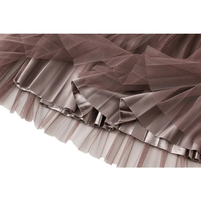 Luxury Velvet Pleated Skirts For Women 2024 Summer Fashion Women's High Waist Mesh Midi Skirt Female Elegant  Solid A-Line Skirt
