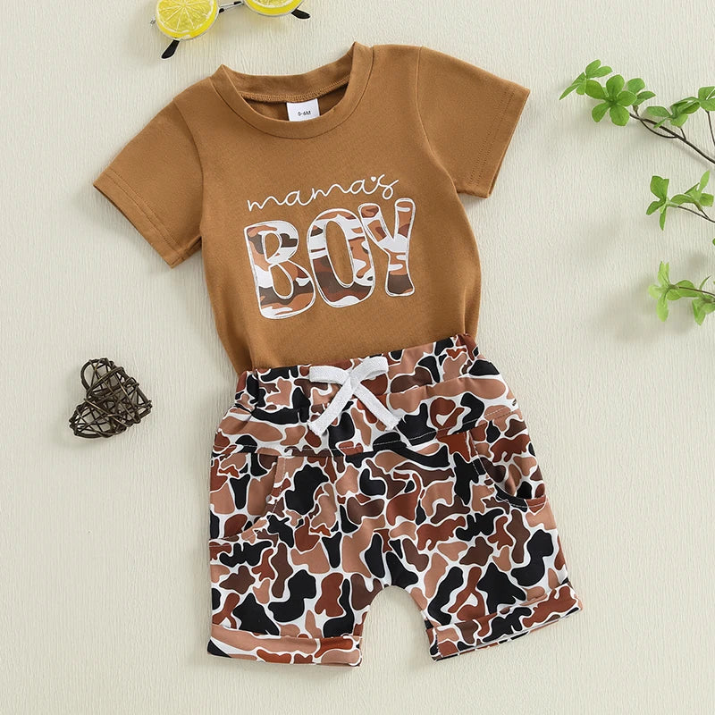2025-01-13 Lioraitiin Toddler Boys Summer Shorts Sets Short Sleeve O Neck Letter Print Tops and Camouflage Shorts Sets