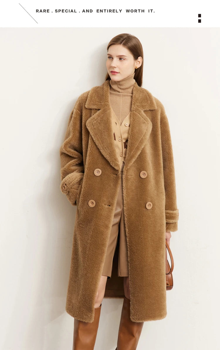 Amii Fur Coat 2025 Winter New Warm Office Lady Turn-Down Collar Full Wool Outerwears Straight Double-breasted Coat 12554013