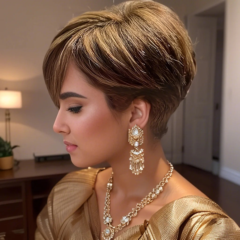 Human Hair Wig Short Layered Straight Ombre Blonde Color Short Pixie Cut Natural Look for Women Machine Made Wig Rose Net Cap