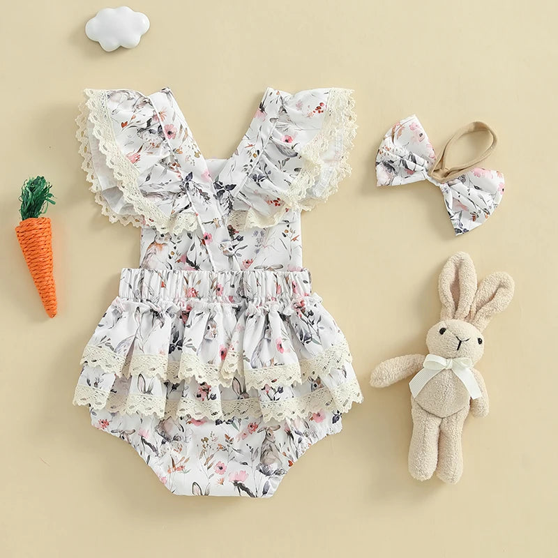 2025-01-02 Lioraitiin Baby Girls Easter Outfits Flower Bunny Print Lace Trim Flying Sleeve Spring Romper with Bow Headband Set