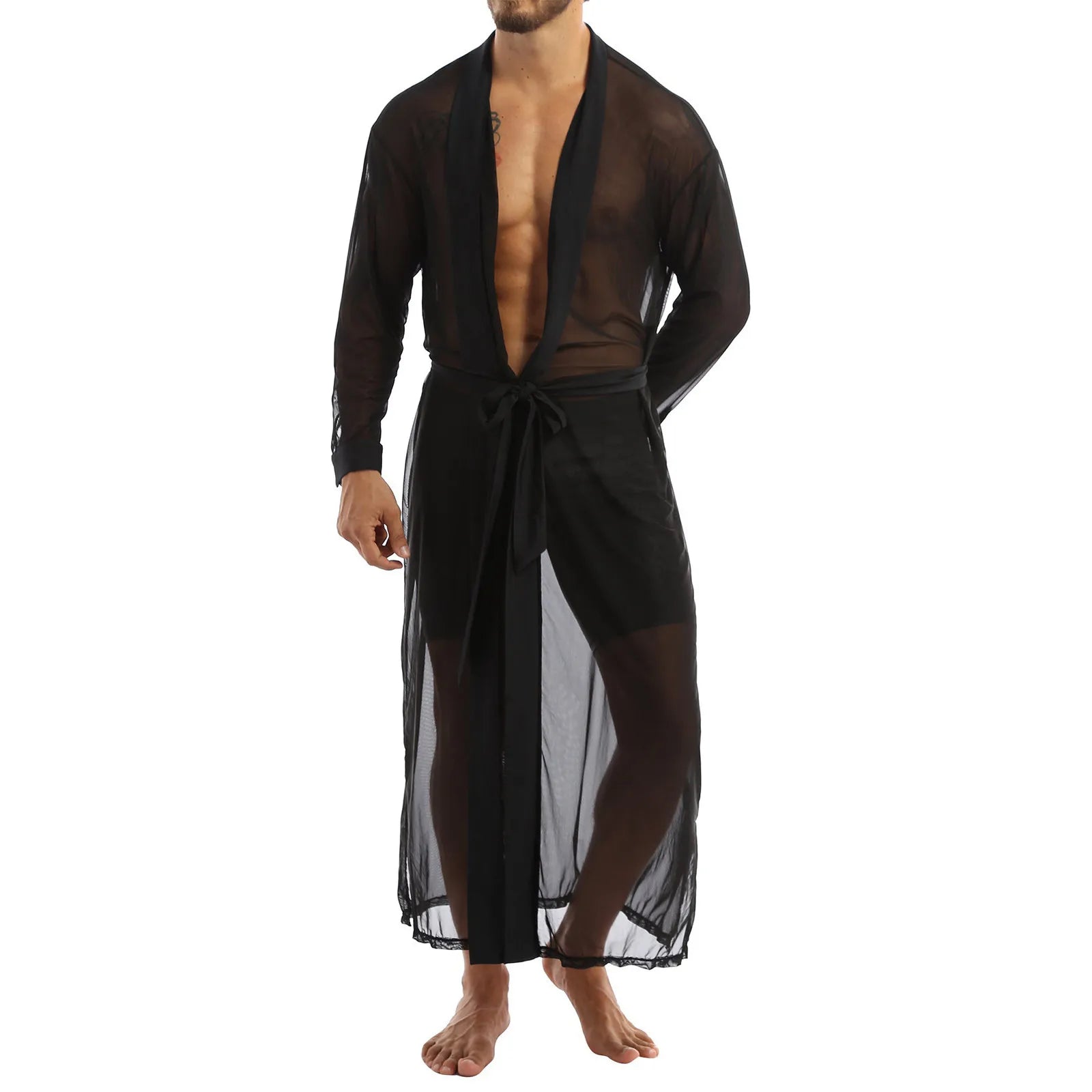 Men Transparent Mesh Robes Sexy Lingerie Front Cardigan Mesh See-through Long Bathrobe Male Gay Long Sleeve Nightgown Underwear