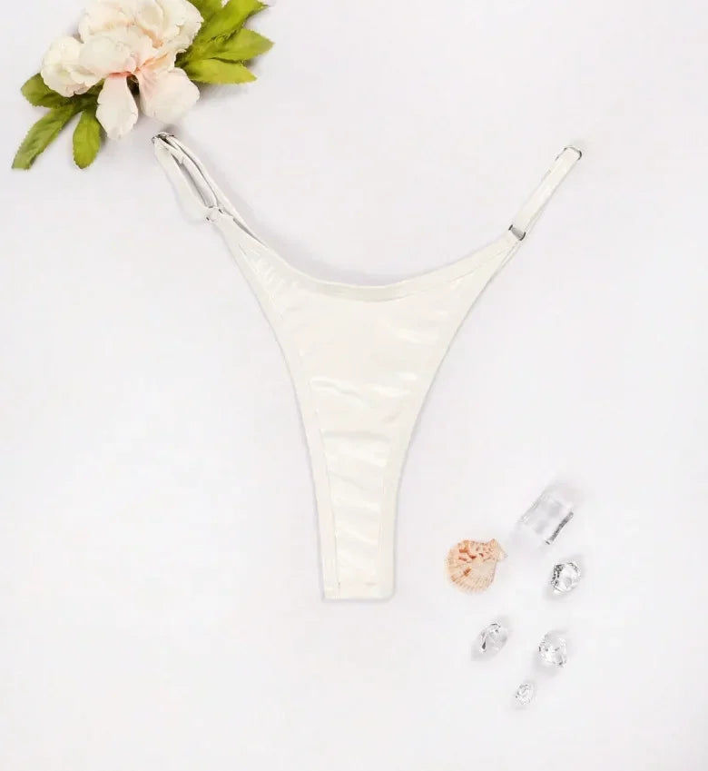 Women Adjustable Strap Thong Lady Briefs Panties G-string Glossy Triangle Shape Solid Color Elastic Mid Waist Ladies Underpants