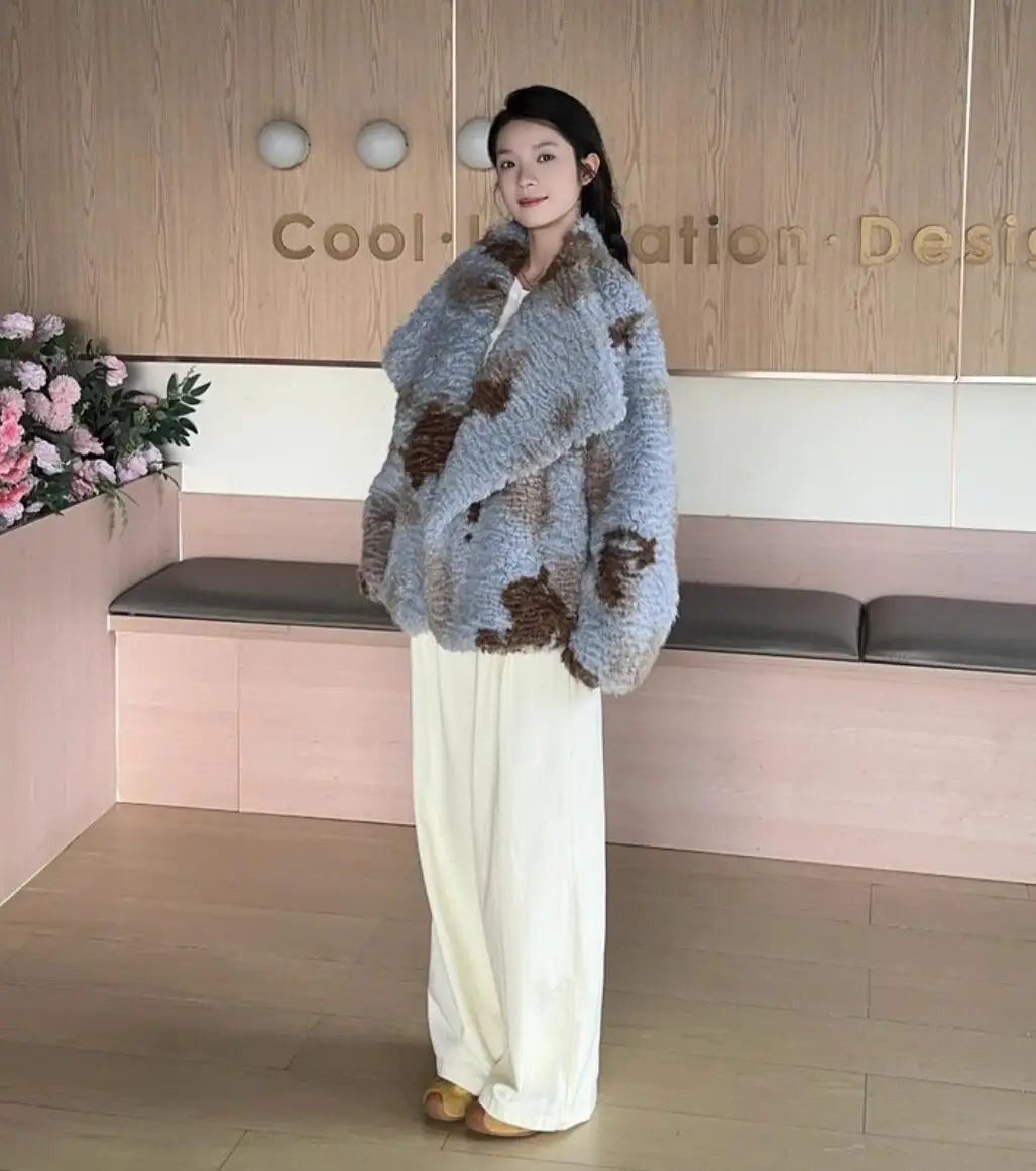 HIGH QUALITY Winter Large Lapel Curly Lamb Fur Coat Long sleeve Warm Shaggy Tie dye Gradient Faux Fur Jacket Loose Outerwear