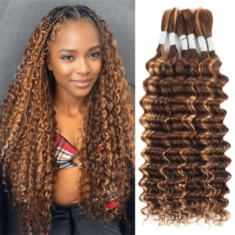 30Inch Colored Human Hair Bulk For Boho Braiding Curly Brazilian Highlight Deep Wave Human Hair Extension No Weft 2 Bundles 110g