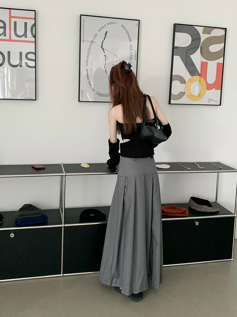Qiukichonson Grey Midi Long Skirts Womens Trousers Skirt 2022 Autumn Winter Goth Lolita High Waist Asymmetrical Pleated Skirts