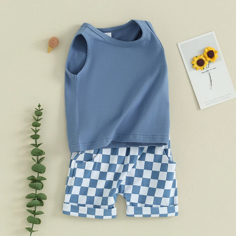 2023-12-09 lioraitiin Summer Baby Boy Clothes Solid Sleeveless Tank Top Checkered Shorts 2Pcs Outfit Set