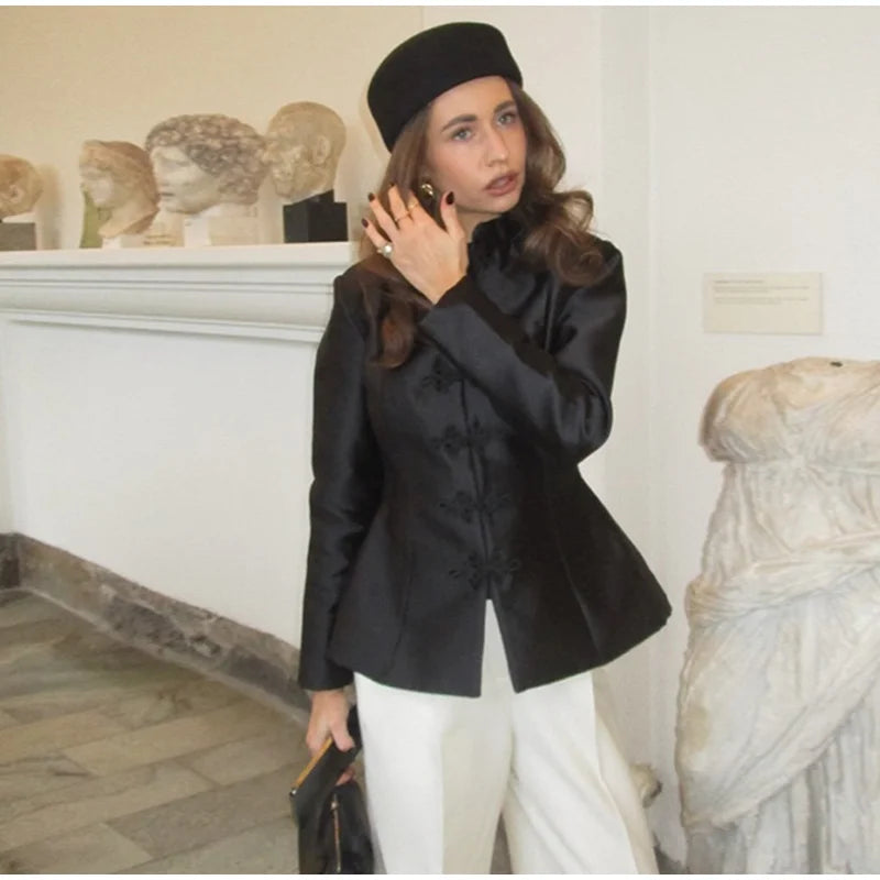 Vintage Stand Collar Velvet Frog Button Blazer Women Solid Long Sleeve Slim Cropped Jackets 2026 Spring Lady Fashion Outwear New