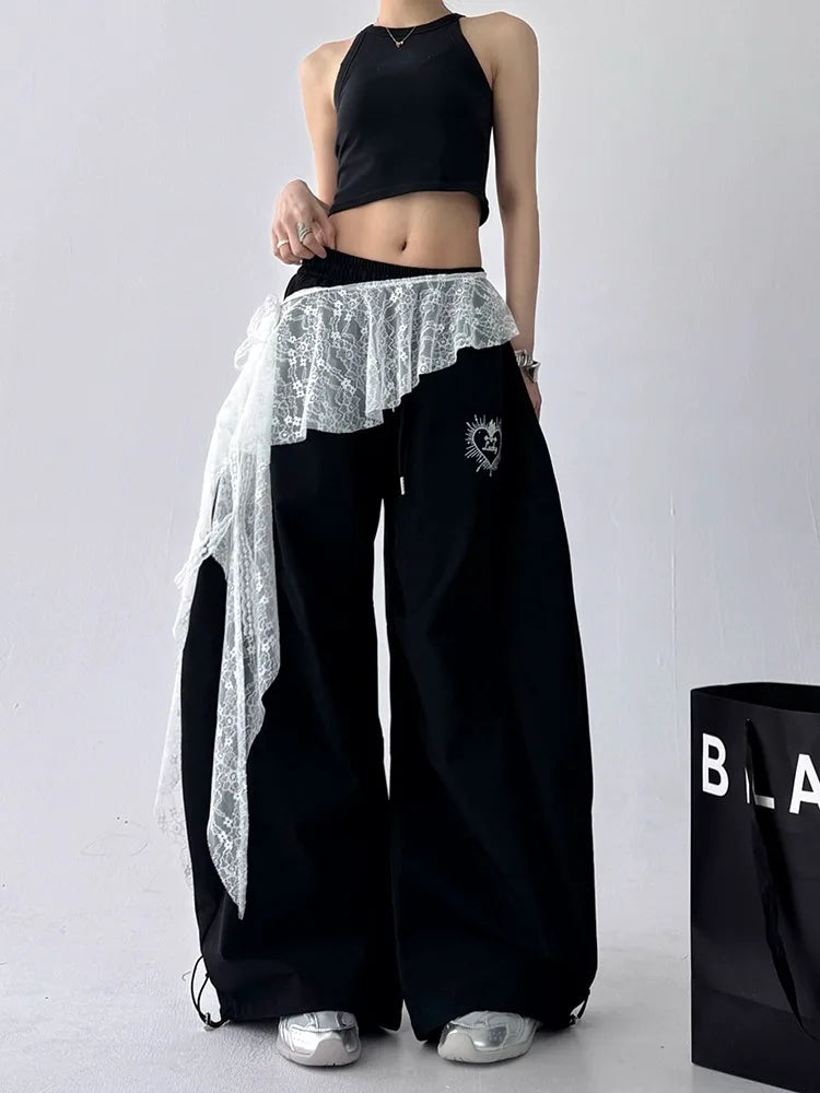 Jeans Pants Decor Embroidered Flower Lace Mini Skirt Irregular See Through Ruched Skirts High Waist Harajuku Pleated Skirts