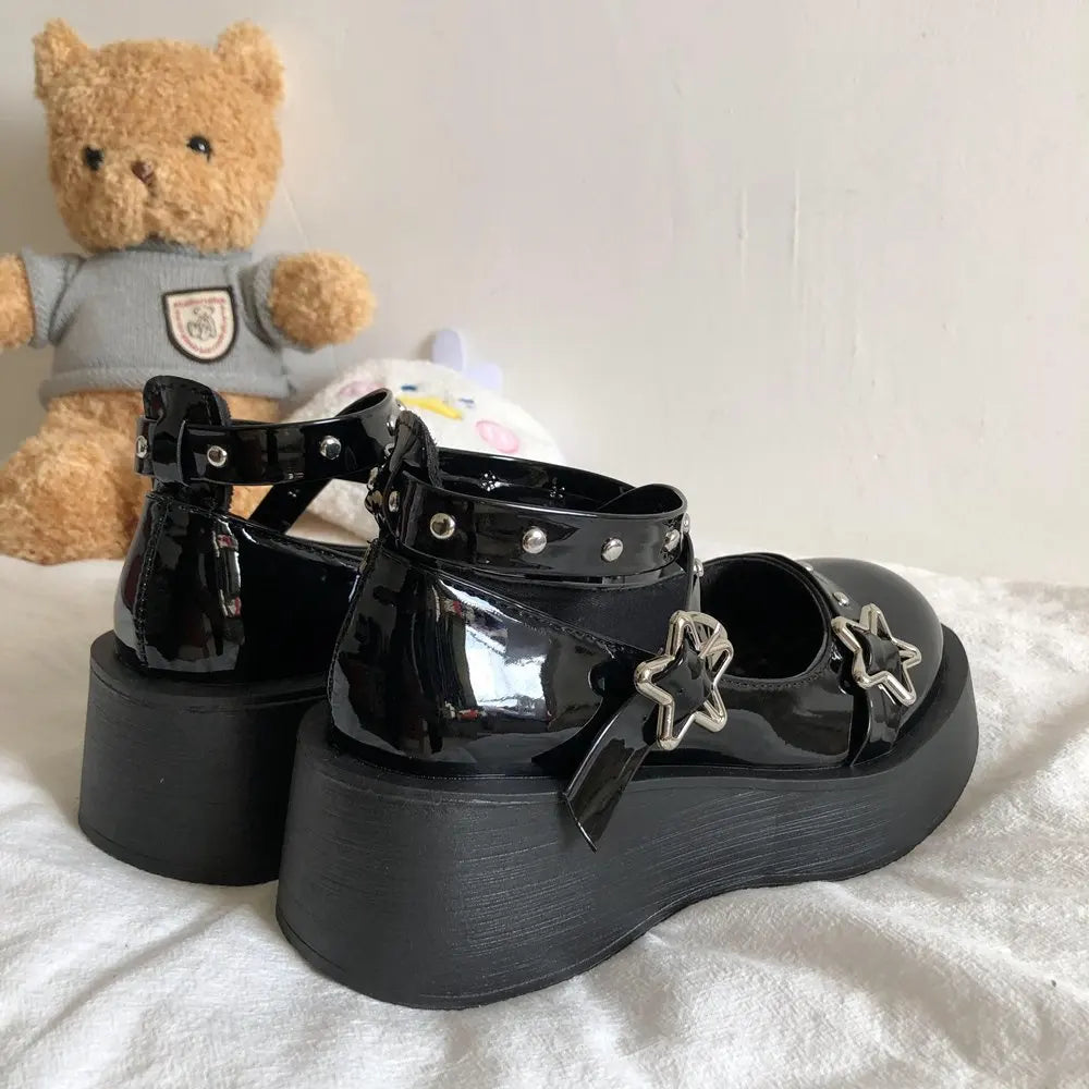 Women heels Lolita shoes platform mary jane Shoes Star Buckle Strap Mary Janes Women Cross-tied Girls Rivet Casual Shoes kawaii