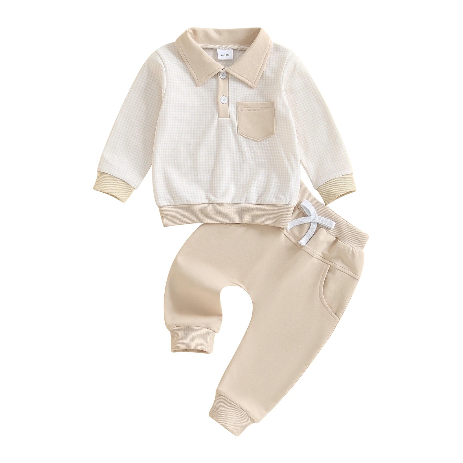 2025-06-03 Lioraitiin Toddler Baby Boys Fall Set Plaid Long Sleeve Lapel Tops and Solid Color Bow Pants with Pocket 2Pcs Outfits