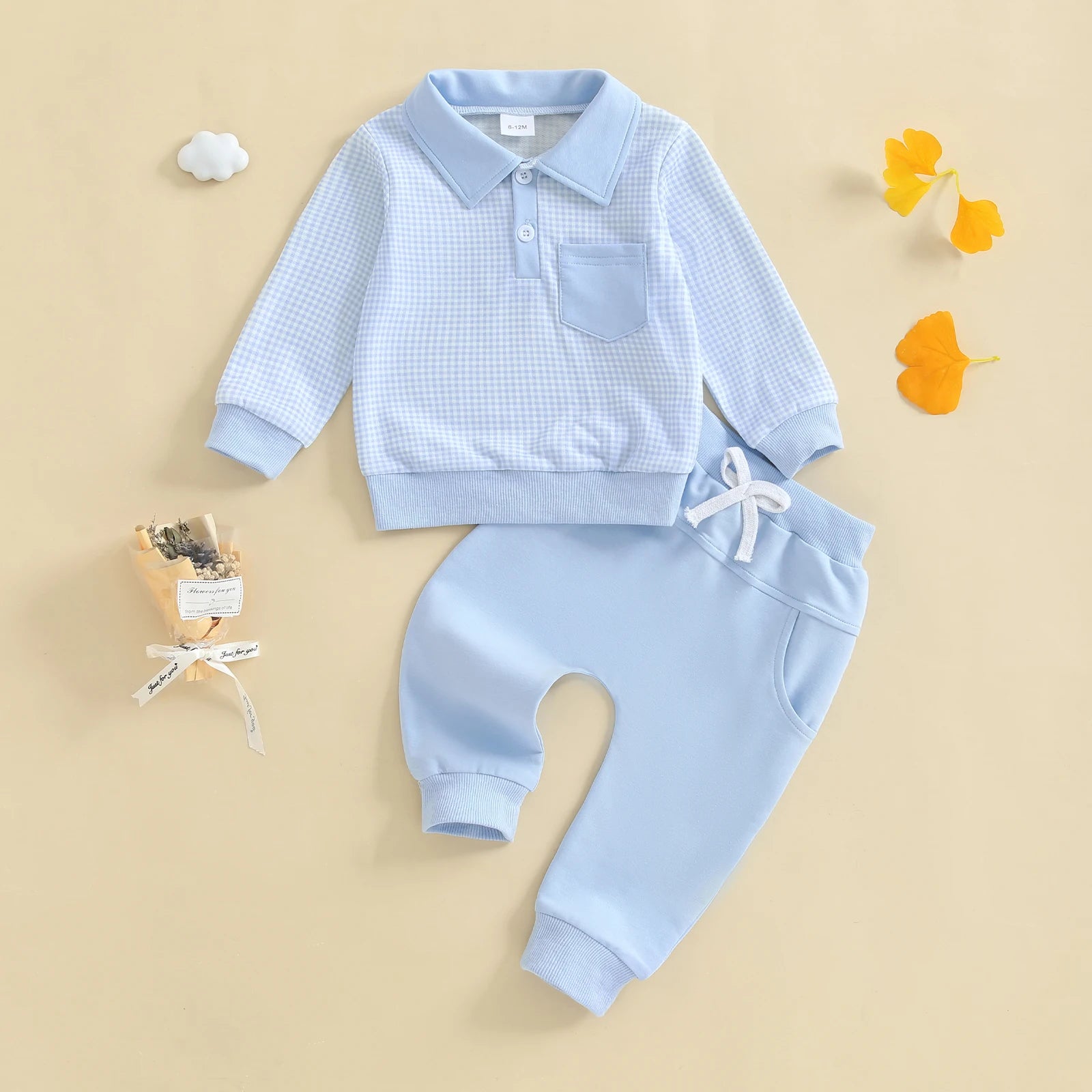 2025-06-03 Lioraitiin Toddler Baby Boys Fall Set Plaid Long Sleeve Lapel Tops and Solid Color Bow Pants with Pocket 2Pcs Outfits