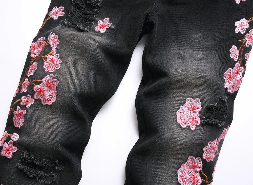 Men's high-street ripped jeans with floral embroidery patchwork, trendy street-style distressed flared jeans