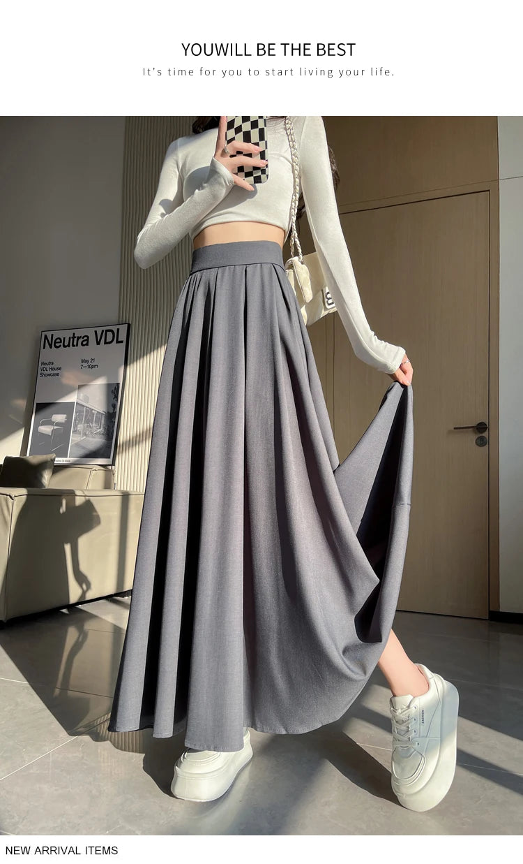 Beiyingni Women Long Suit Maxi Pleated Black Skirts Korean Fashion 2024 Autumn High Waist Slim A-line Skirt Ladies Gray Faldas