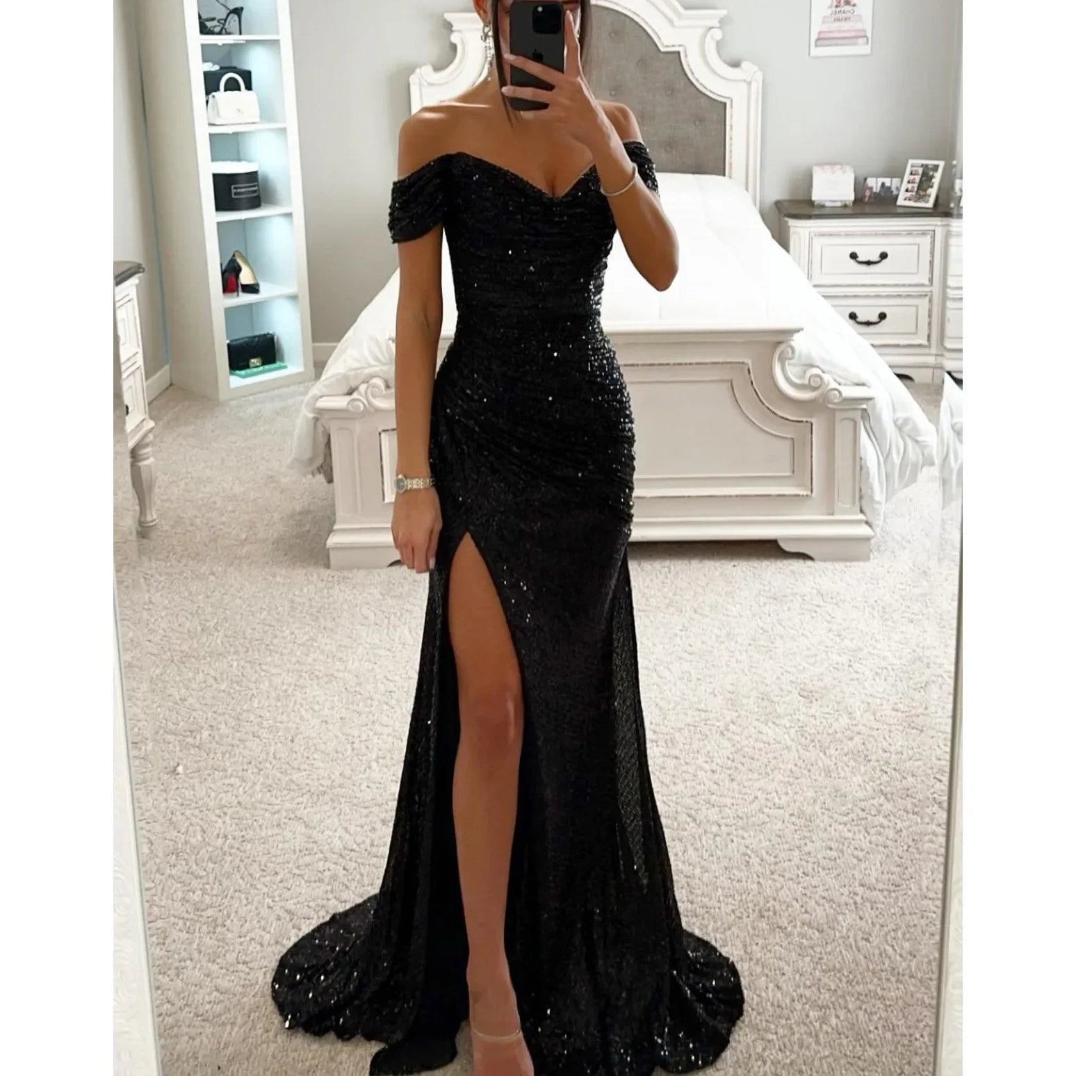 Women's S-XL Size New Party Sequins One line Neck Split Dress INS Casual Versatile Fashionable Charming Slimming Dress for Women