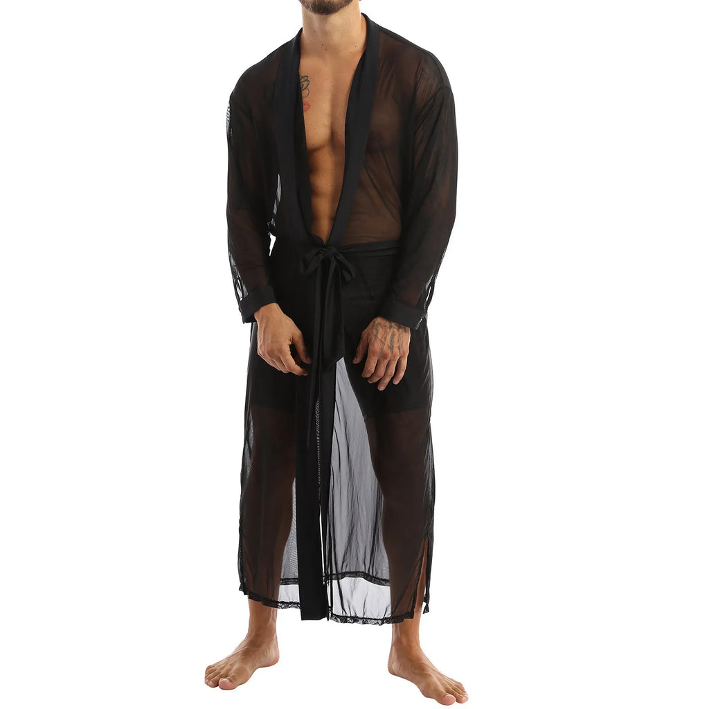 Men Transparent Mesh Robes Sexy Lingerie Front Cardigan Mesh See-through Long Bathrobe Male Gay Long Sleeve Nightgown Underwear