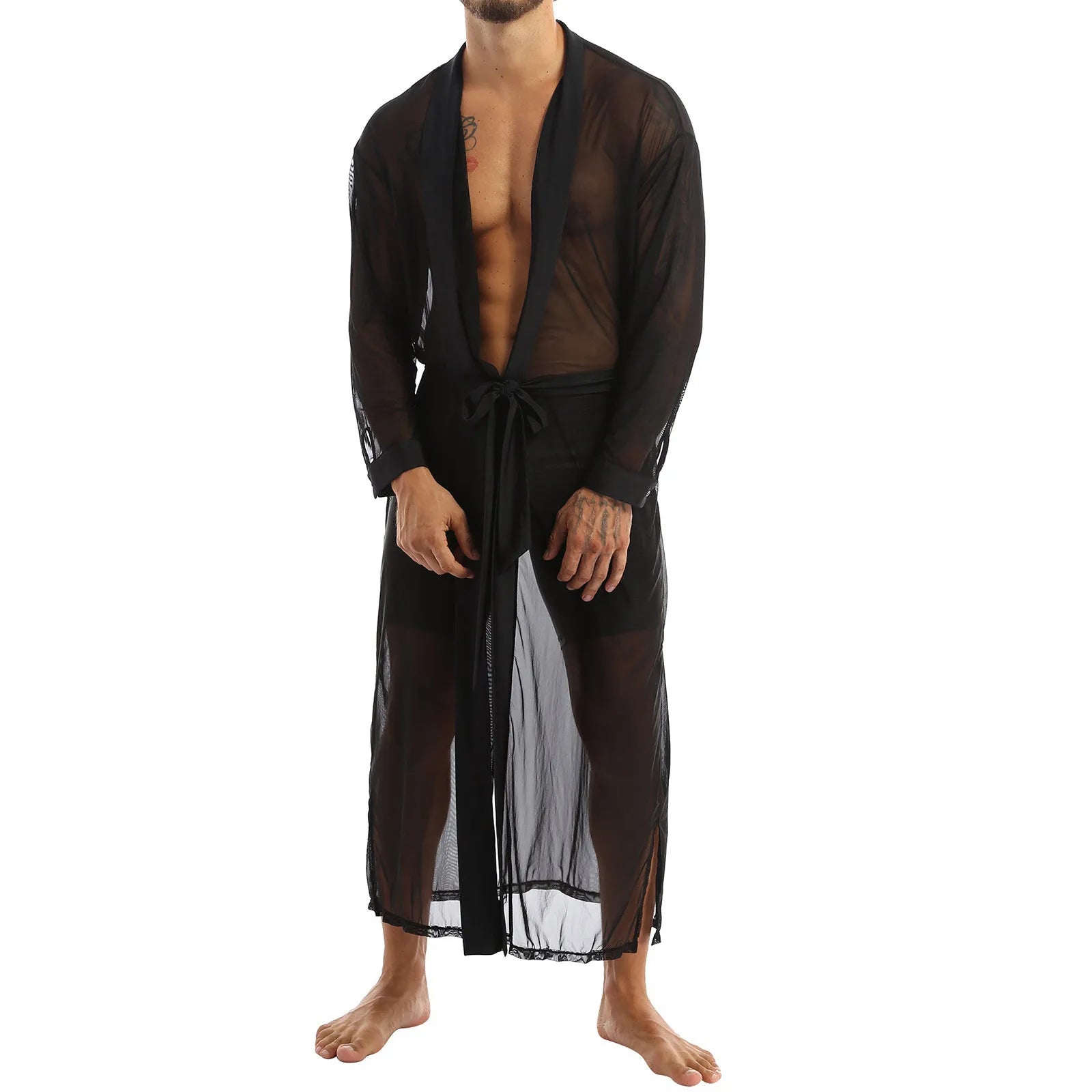 Men Transparent Mesh Robes Sexy Lingerie Front Cardigan Mesh See-through Long Bathrobe Male Gay Long Sleeve Nightgown Underwear