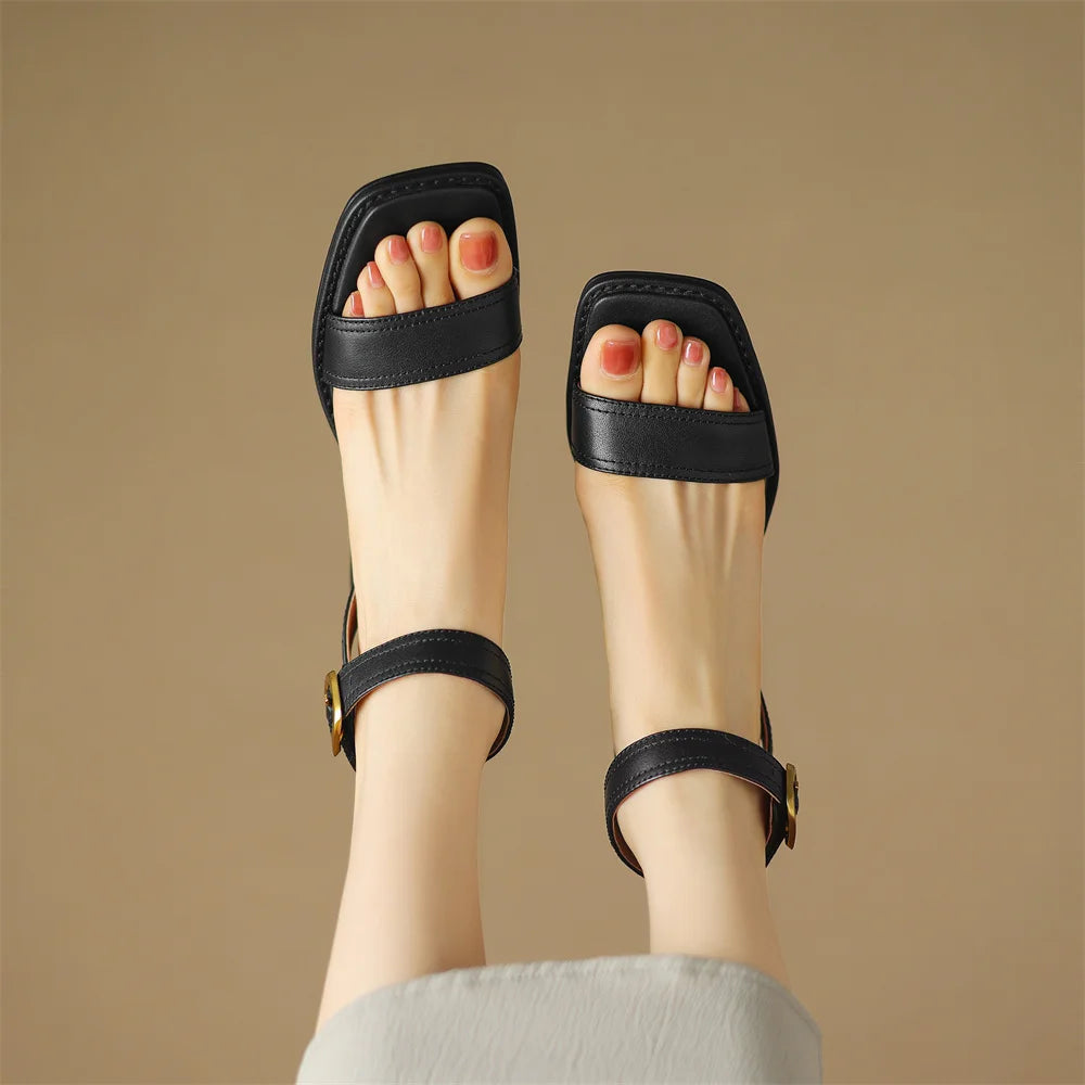 Women's genuine leather sandals narrow band ankle strap 6cm thick med heel open toe summer pumps heels casual shoes for women 42