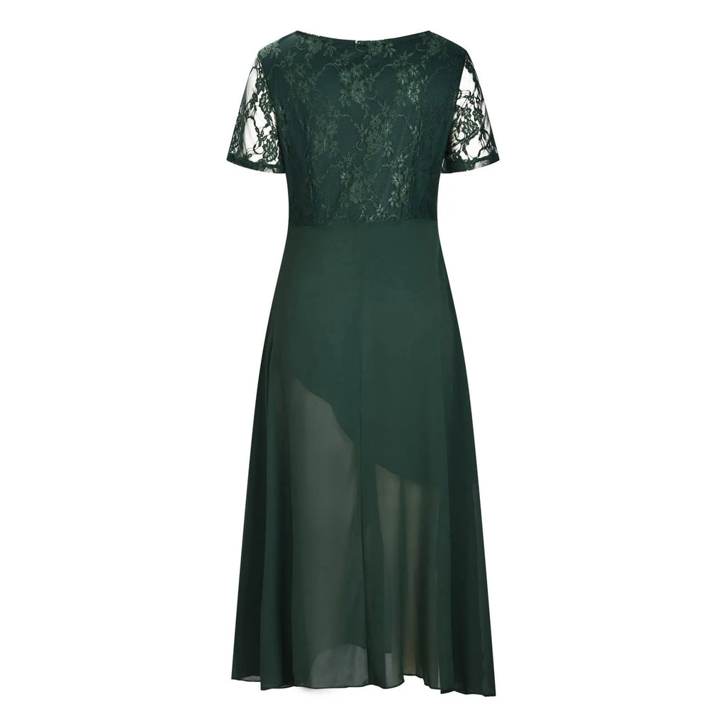 Women's Chiffon Long Dresses A Line V Neck Lace Panel Hollow Prom Dresses Ladies Bridesmaid Evening Dresses Short Sleeve Dress