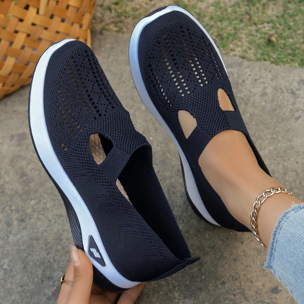 Women's shoes, women's casual shoes, solid color breathable sports shoes, soft-soled lightweight walking shoes, low-top knitted