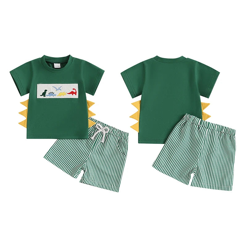 Lioraitiin Toddler Baby Boy Shorts Set Whale/Dinosaur/Turtle Short Sleeve T-shirts Striped Elastic Waist Shorts Summer Outfit