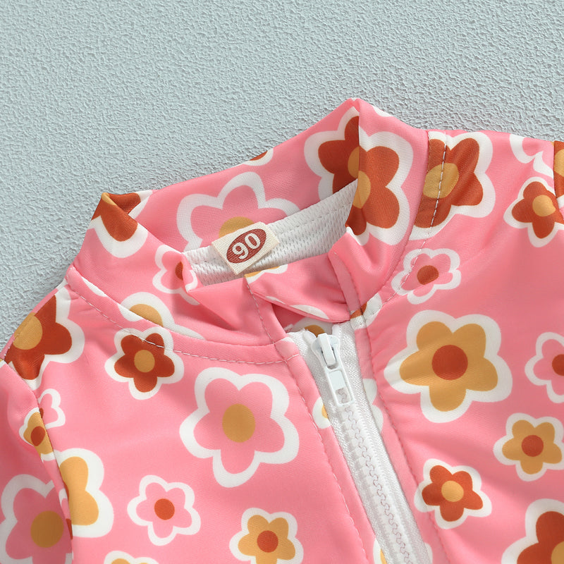 Lioraitiin Summer Kids Baby Girl Swimsuits Floral Long Sleeve Zipper Ruffles Jumpsuit Swimwear Beachwear Bathing Suits
