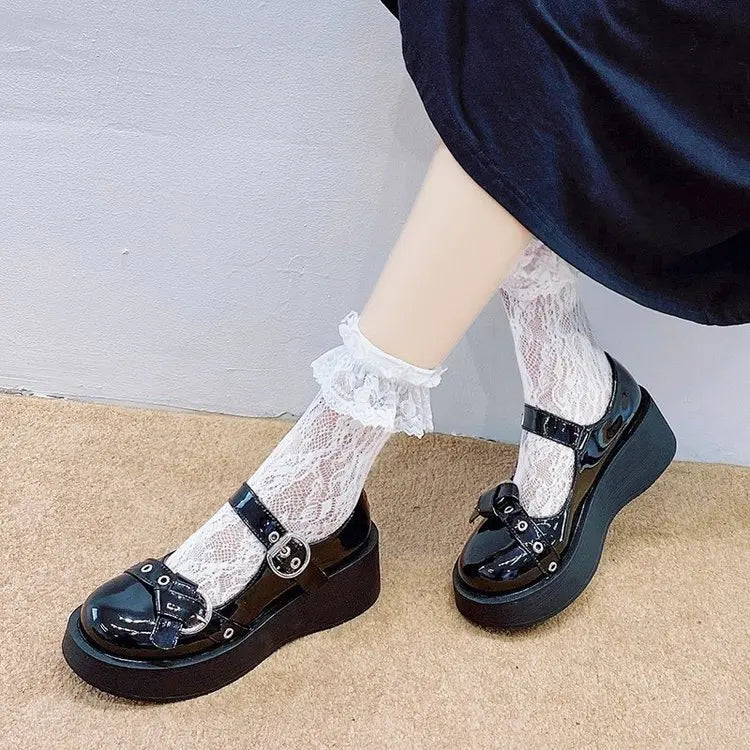 Women heels Lolita shoes platform mary jane Shoes Star Buckle Strap Mary Janes Women Cross-tied Girls Rivet Casual Shoes kawaii