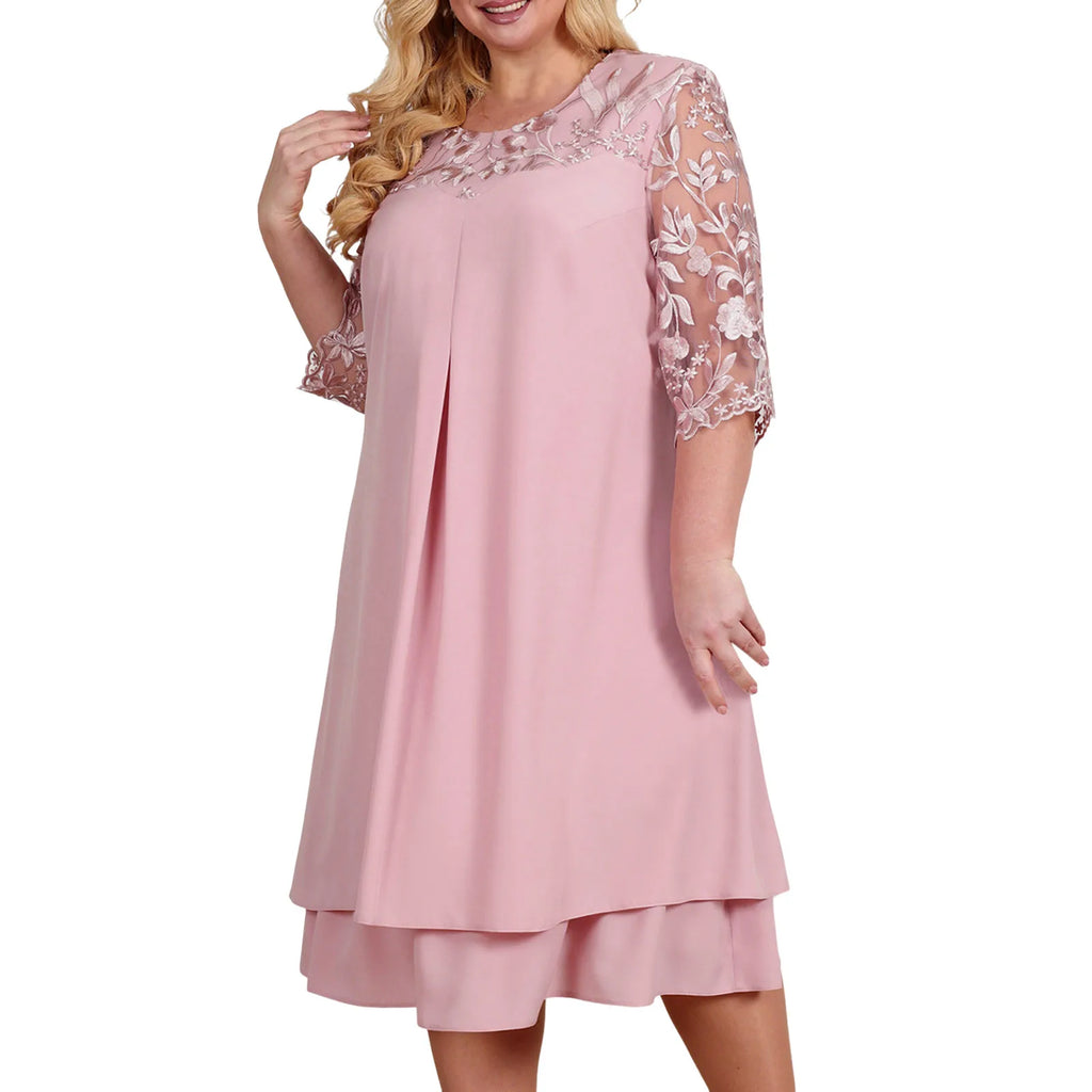 Womens Loose Elegant Formal Dress Summer Flower Embroidery O Neck Large Size Casual Chiffon Dress Wedding Festive Cocktail Dress