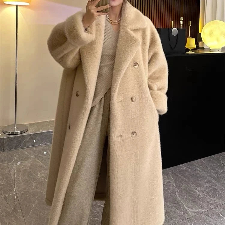 Women Winter Warm Thicken Long Fur Coat 2025 New Women Imitation Rabbit Fur Temperament Fur Coat Double-Breasted Fur Jacket