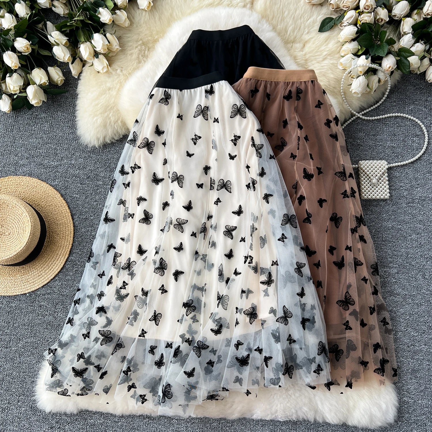 SINGREINY 2024 High Qulaity Embroidery Long Skirt Ladies Elastic Waist Butterfly Print Streetwear A Line Loose Mesh Party Skirt