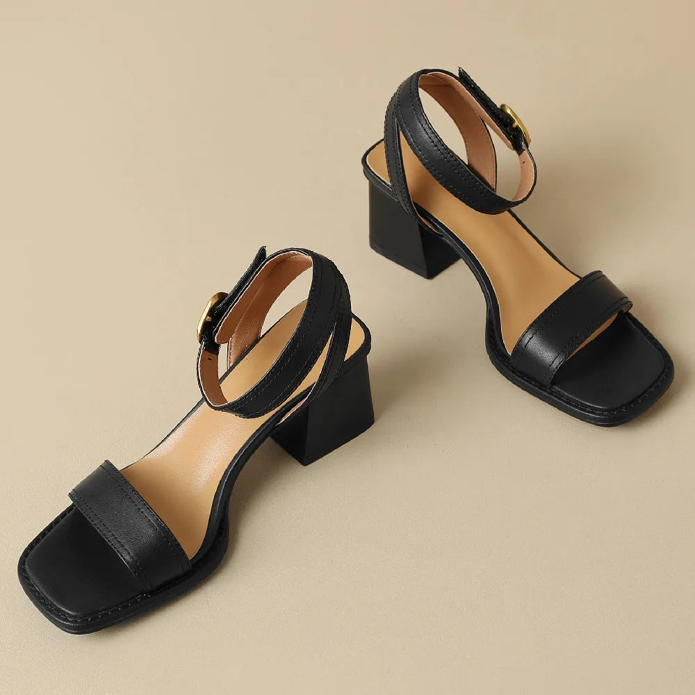 Women's genuine leather sandals narrow band ankle strap 6cm thick med heel open toe summer pumps heels casual shoes for women 42