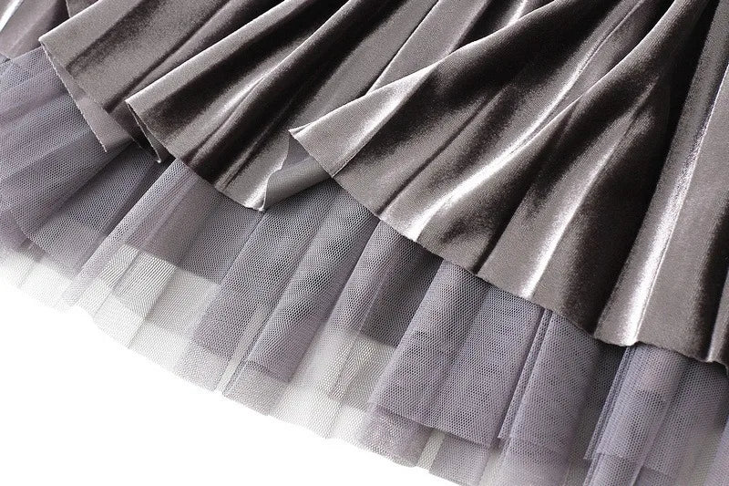 Luxury Velvet Pleated Skirts For Women 2024 Summer Fashion Women's High Waist Mesh Midi Skirt Female Elegant  Solid A-Line Skirt