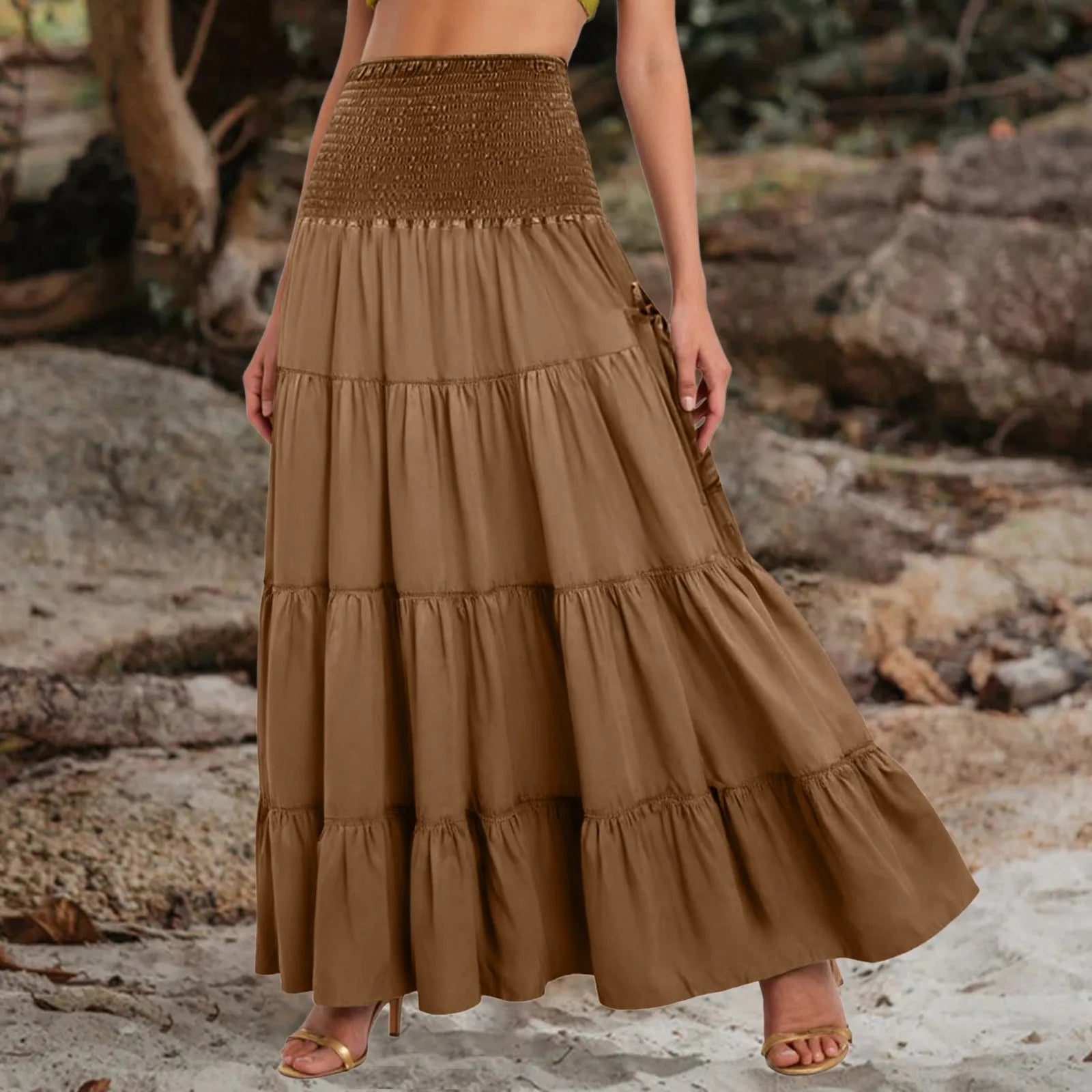Boho Fairy Skirts Women Tiered Convertible Bustier Dress with Pockets Vintage Hippie Gypsy A-Line Maxi Skirt Versatile Sarong
