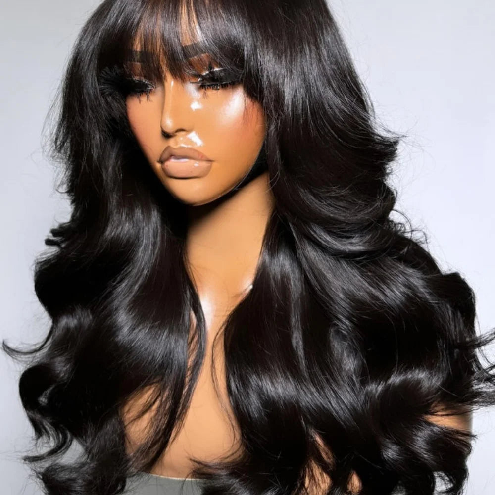 Body Wave Human Hair Wig with Bangs Middle Part 3x1 Lace Frontal Wig with Bangs Brazilian Human Hair Body Wave 34 Inch for Women