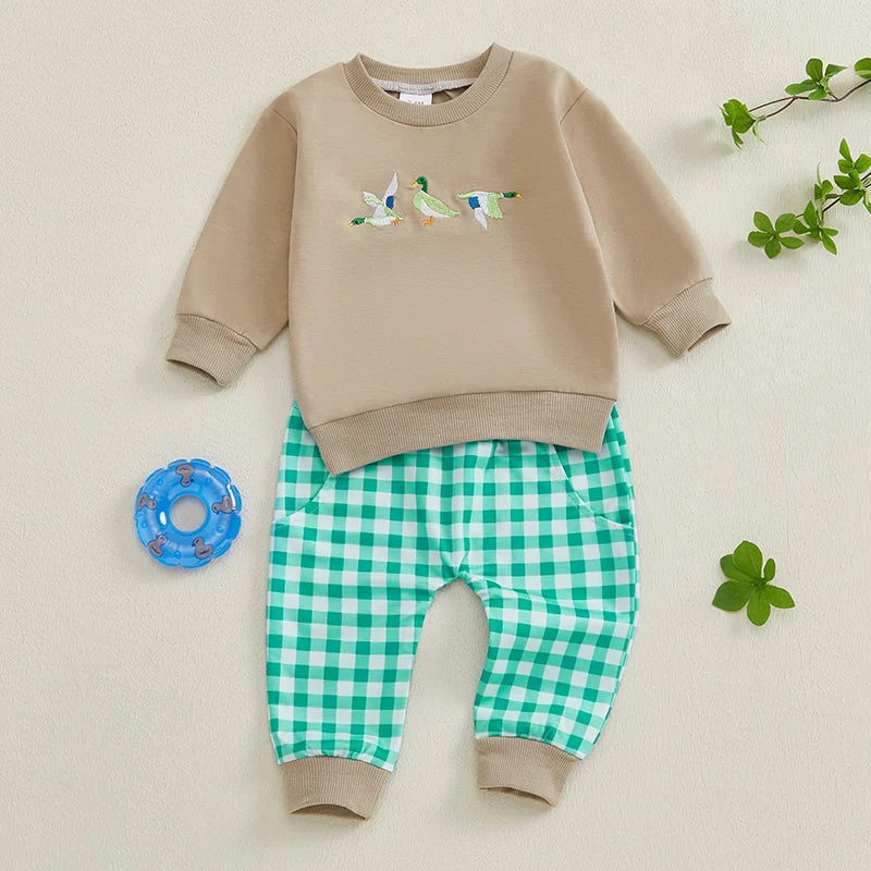 2024-09-13 Lioraitiin Toddler Baby Boy Girl Duck Clothes Long Sleeve Sweatshirt Plaid Elastic Waist Long Pants Outfit