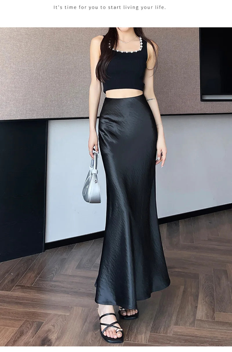 Zoki Chic Satin Elegant Long Skirt Women Casual Fashion High Waist Sweet Trumpet Skirts Slim Summer Female Korean Long Skirts