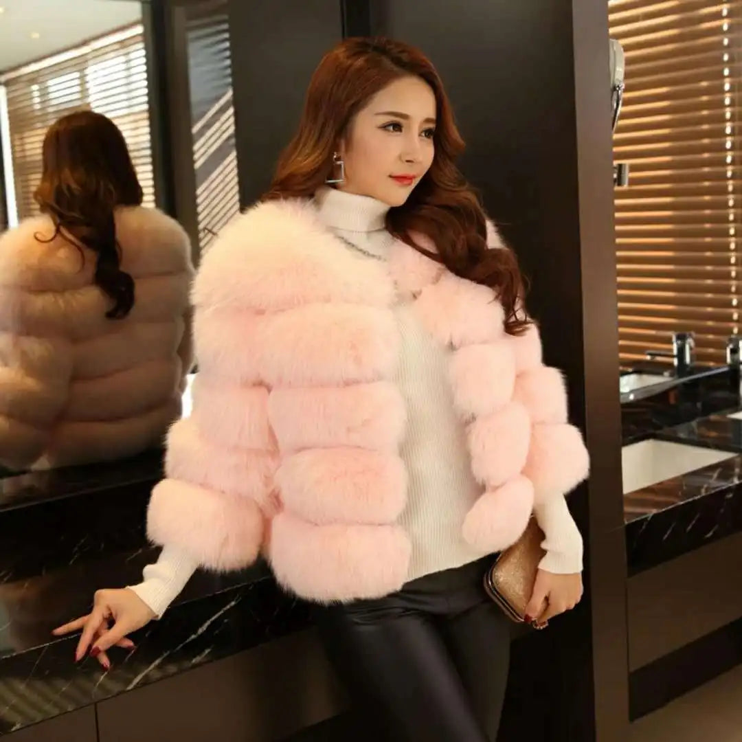 Women Faux Fox Fur Coats Zipper Short Coat Jackets Elegant Thick Warm Solid Jacket Lady Furry Outerwear Elegant Splice Winter