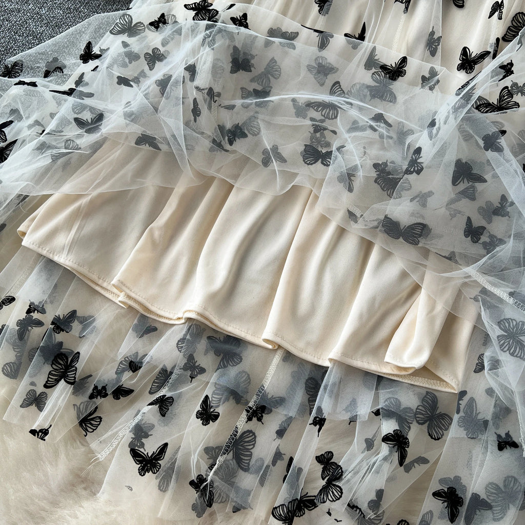 SINGREINY 2024 High Qulaity Embroidery Long Skirt Ladies Elastic Waist Butterfly Print Streetwear A Line Loose Mesh Party Skirt