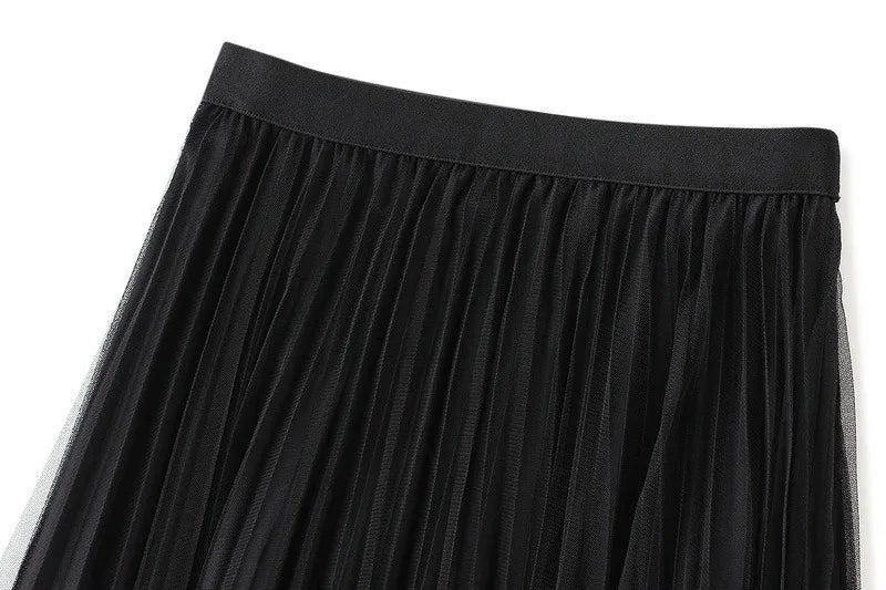 Luxury Velvet Pleated Skirts For Women 2024 Summer Fashion Women's High Waist Mesh Midi Skirt Female Elegant  Solid A-Line Skirt